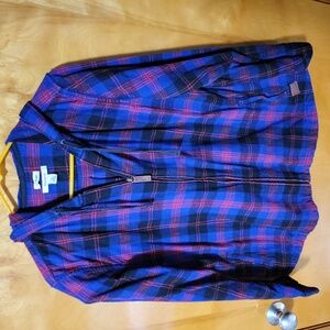 L.L. Bean Hooded Flannel Shirt Womens Large Reg Purple Black Scotch Plaid Hoodie